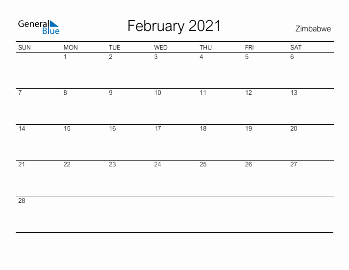 Printable February 2021 Calendar for Zimbabwe