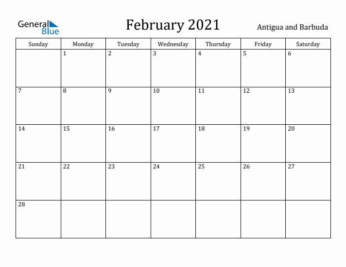 February 2021 Calendar Antigua and Barbuda