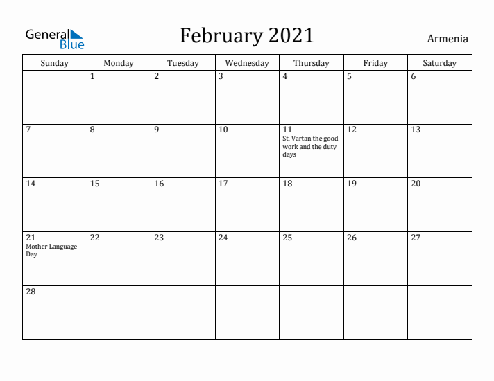 February 2021 Calendar Armenia
