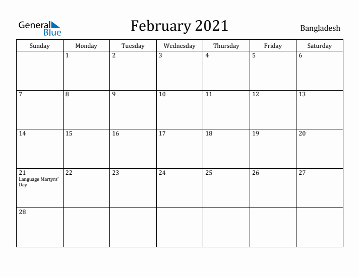 February 2021 Calendar Bangladesh