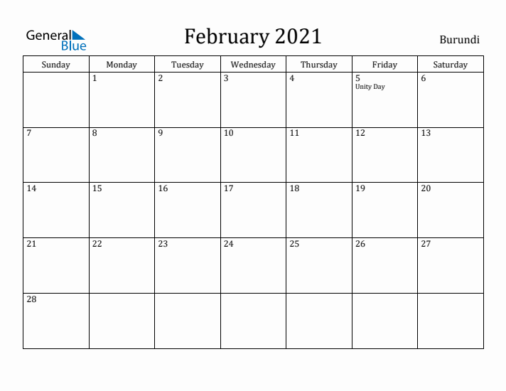 February 2021 Calendar Burundi