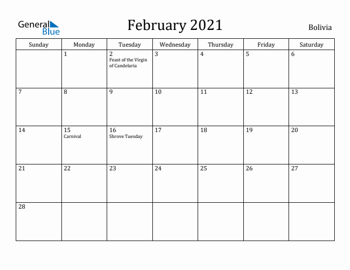 February 2021 Calendar Bolivia