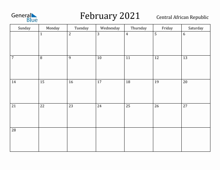 February 2021 Calendar Central African Republic
