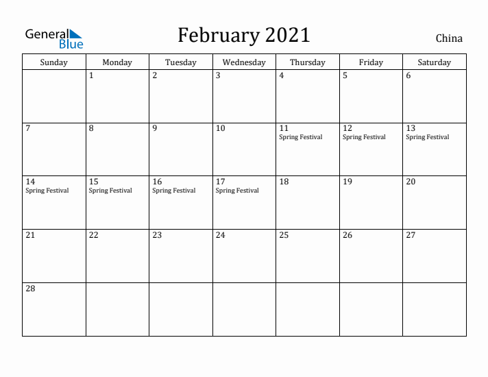 February 2021 Calendar China