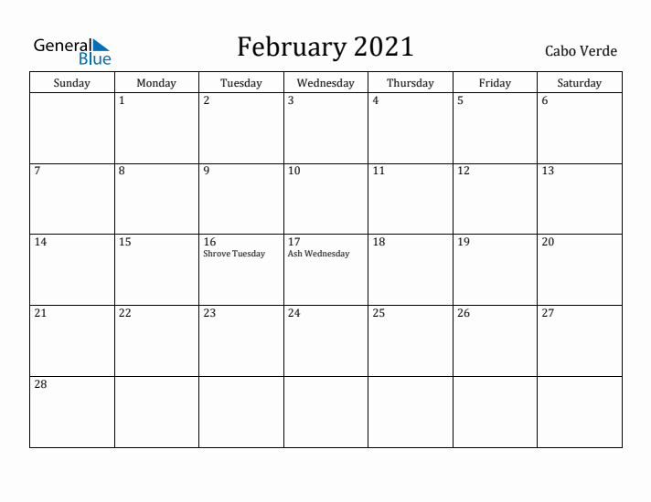 February 2021 Calendar Cabo Verde