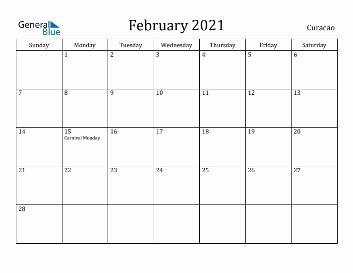 February 2021 Calendar Curacao