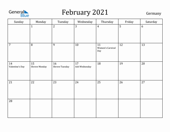 February 2021 Calendar Germany