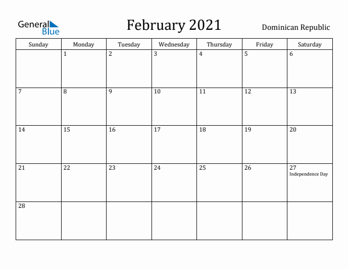 February 2021 Calendar Dominican Republic