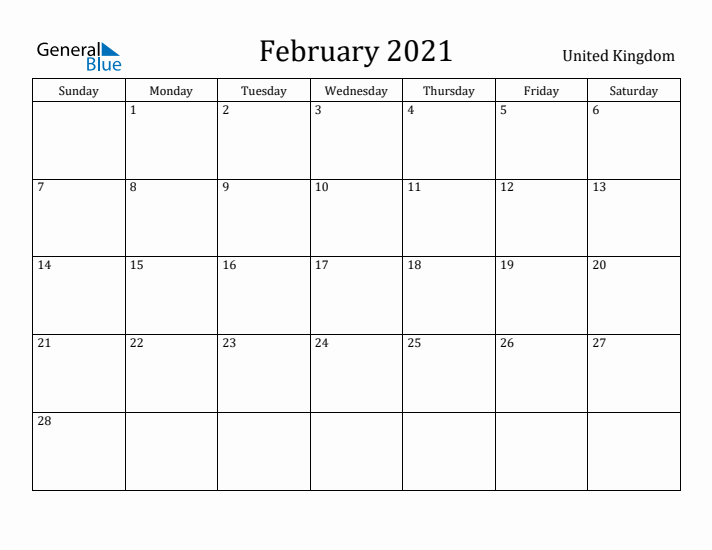 February 2021 Calendar United Kingdom