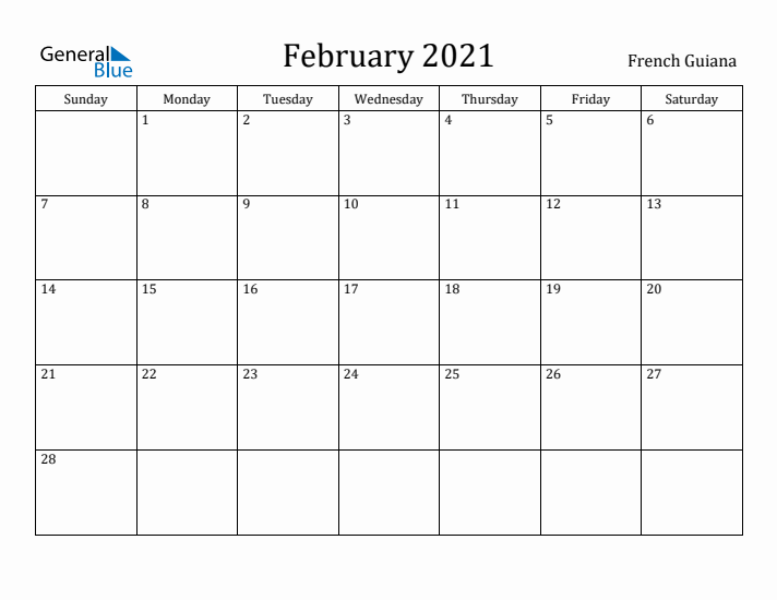 February 2021 Calendar French Guiana