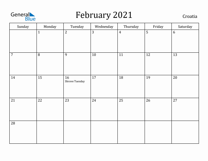 February 2021 Calendar Croatia