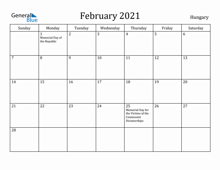 February 2021 Calendar Hungary