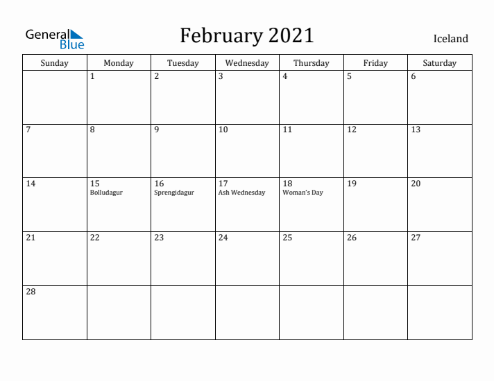 February 2021 Calendar Iceland