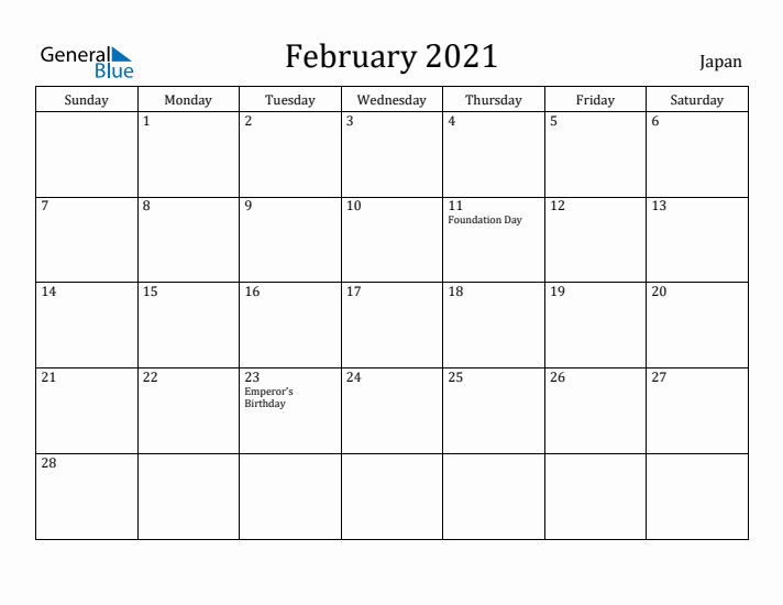 February 2021 Calendar Japan