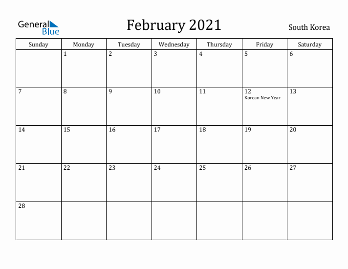 February 2021 Calendar South Korea