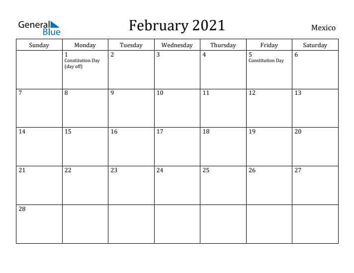 February 2021 Calendar Mexico