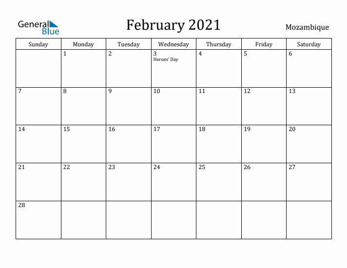 February 2021 Calendar Mozambique