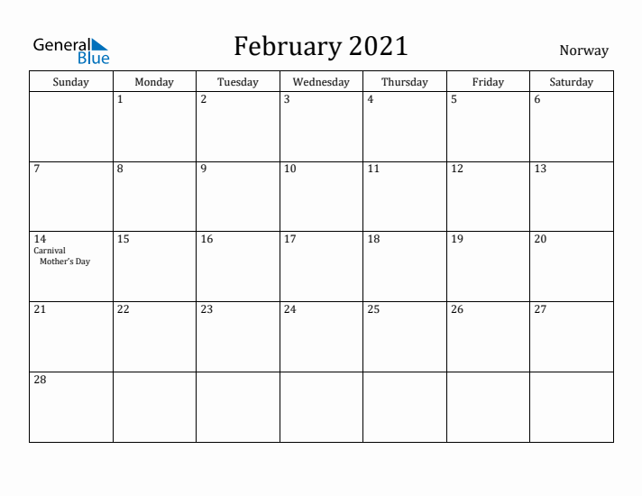 February 2021 Calendar Norway