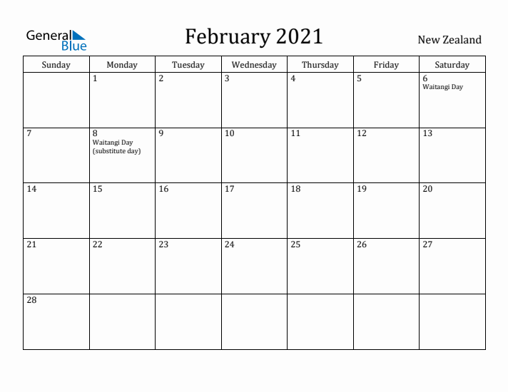 February 2021 Calendar New Zealand