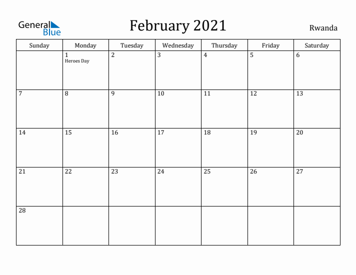 February 2021 Calendar Rwanda