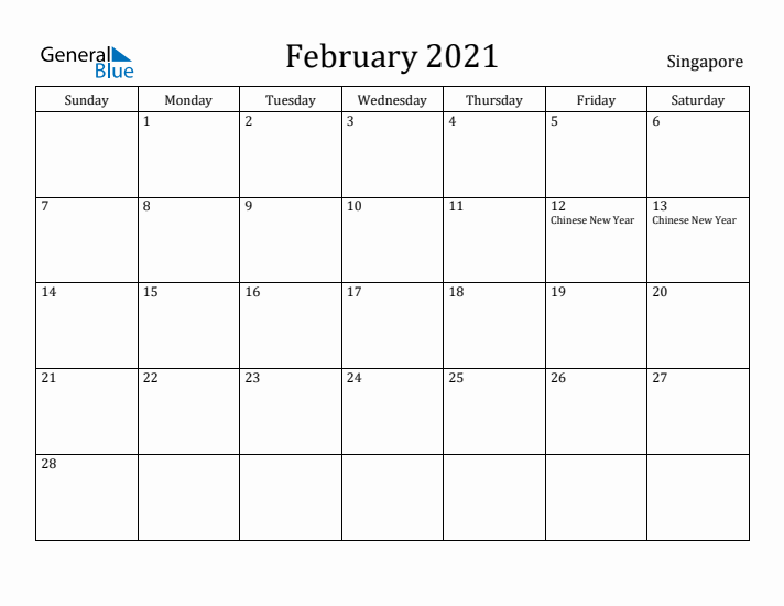 February 2021 Calendar Singapore