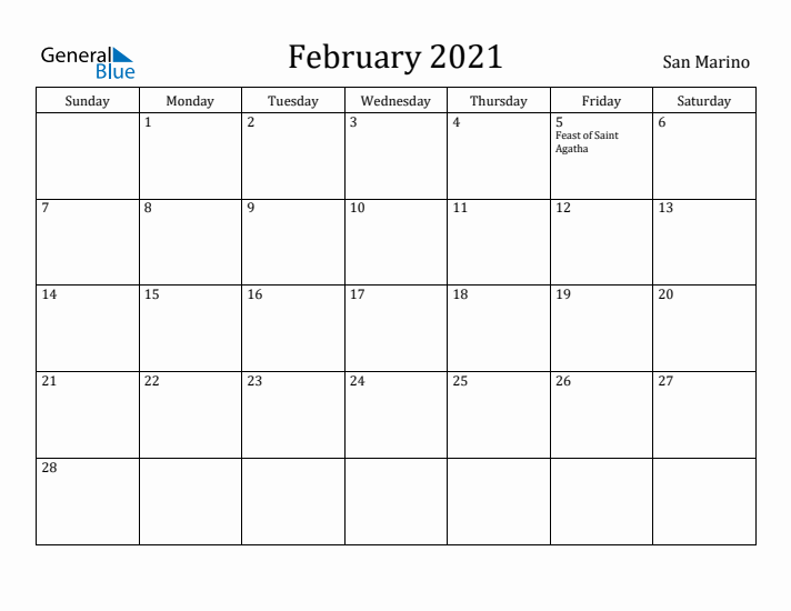 February 2021 Calendar San Marino