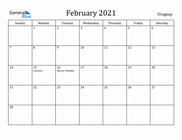 February 2021 Calendar Uruguay