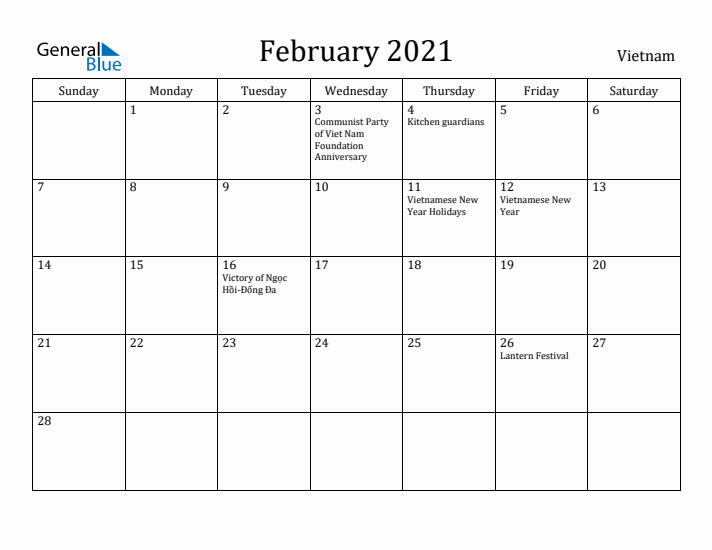 February 2021 Calendar Vietnam