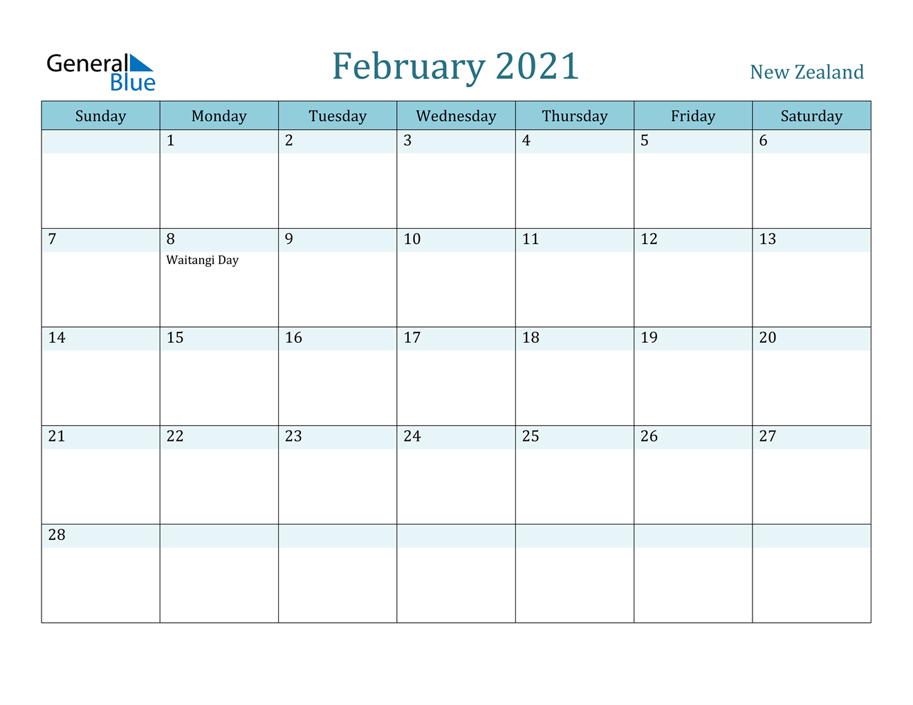 February 2021 Calendar - New Zealand
