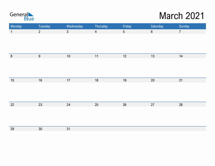 Fillable Calendar for March 2021