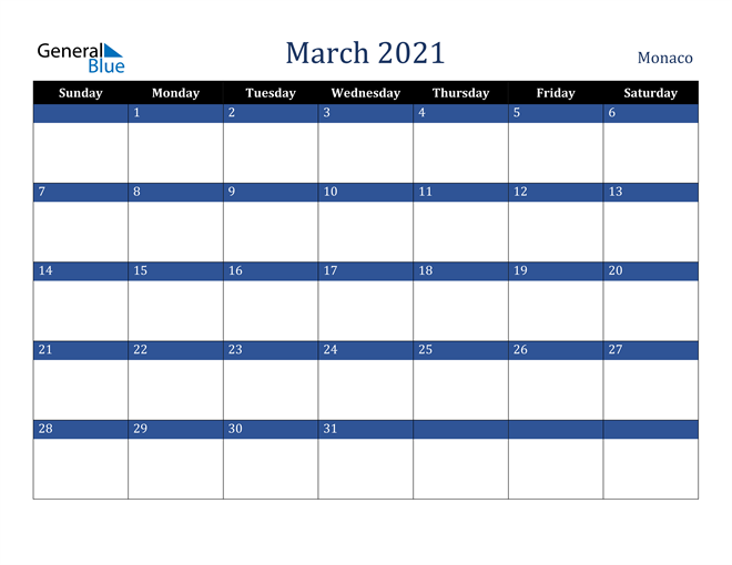 March 2021 Monaco Calendar