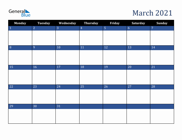 Monday Start Calendar for March 2021