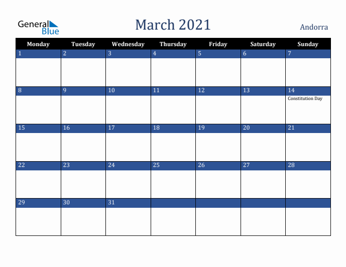 March 2021 Andorra Calendar (Monday Start)