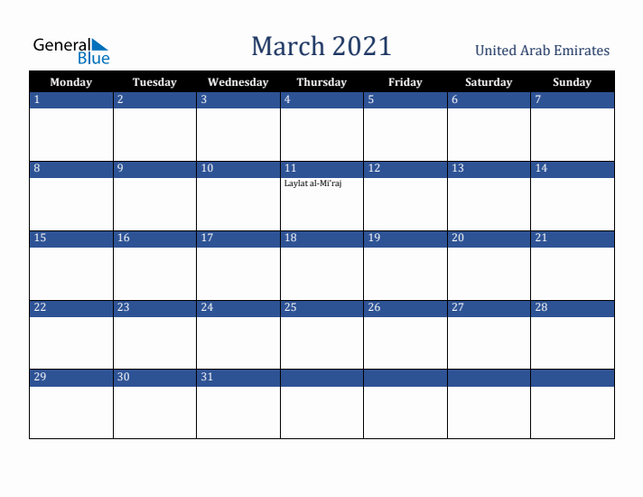 March 2021 United Arab Emirates Calendar (Monday Start)