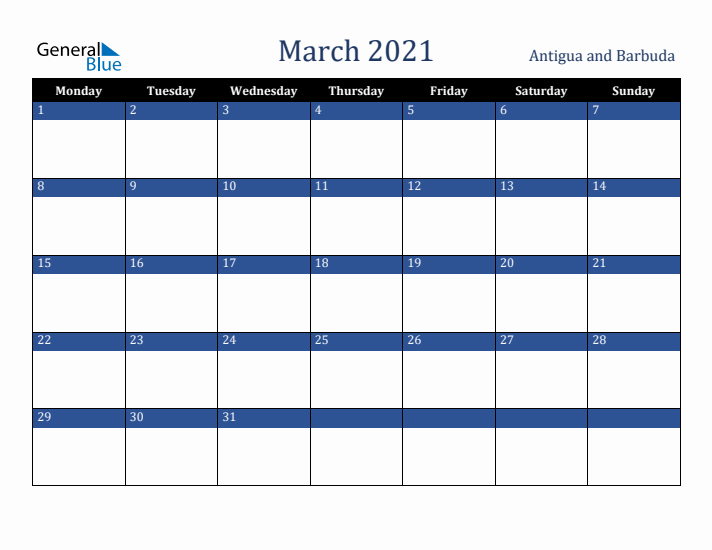 March 2021 Antigua and Barbuda Calendar (Monday Start)