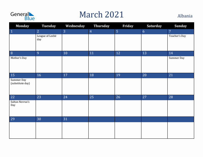 March 2021 Albania Calendar (Monday Start)