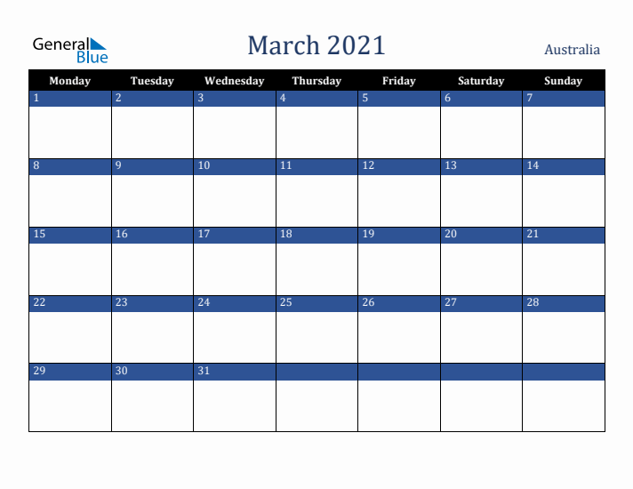 March 2021 Australia Calendar (Monday Start)