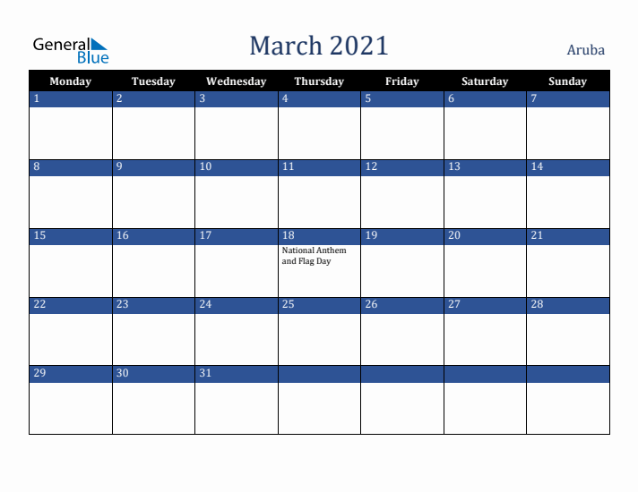 March 2021 Aruba Calendar (Monday Start)