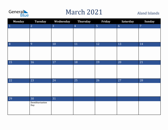 March 2021 Aland Islands Calendar (Monday Start)