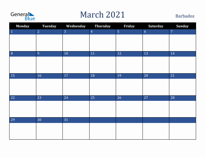 March 2021 Barbados Calendar (Monday Start)
