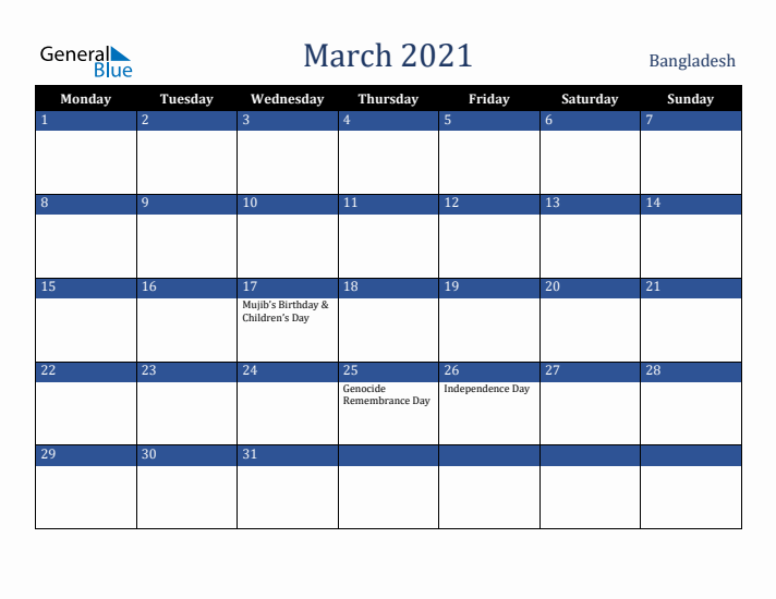 March 2021 Bangladesh Calendar (Monday Start)