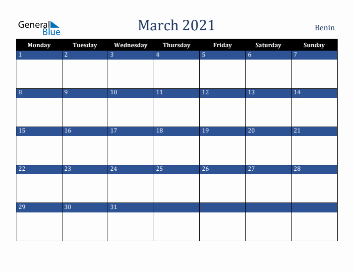 March 2021 Benin Calendar (Monday Start)