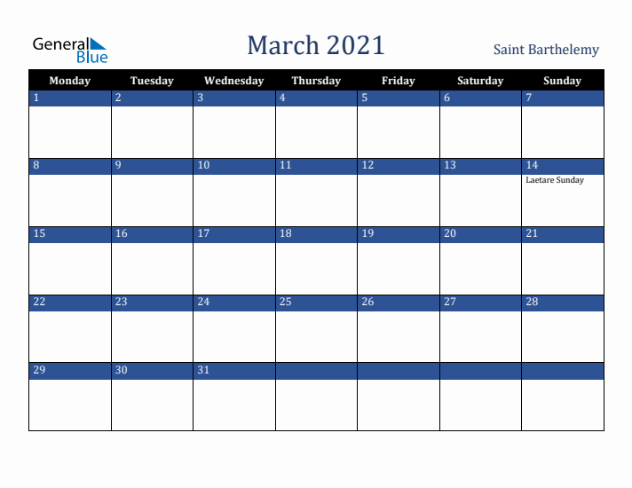 March 2021 Saint Barthelemy Calendar (Monday Start)