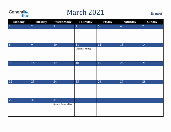 March 2021 Brunei Calendar (Monday Start)