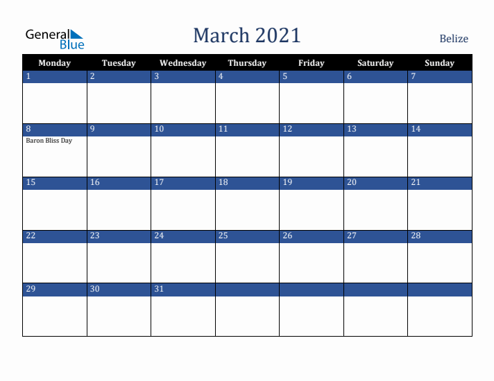 March 2021 Belize Calendar (Monday Start)