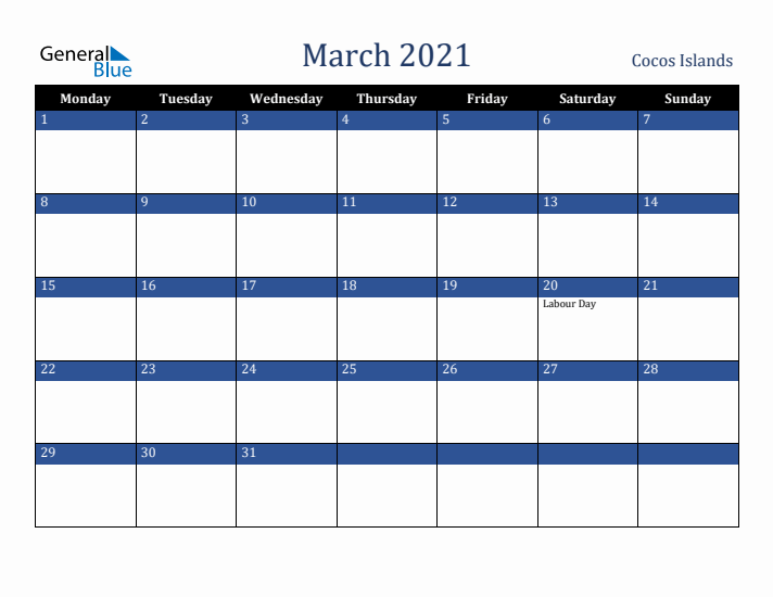 March 2021 Cocos Islands Calendar (Monday Start)