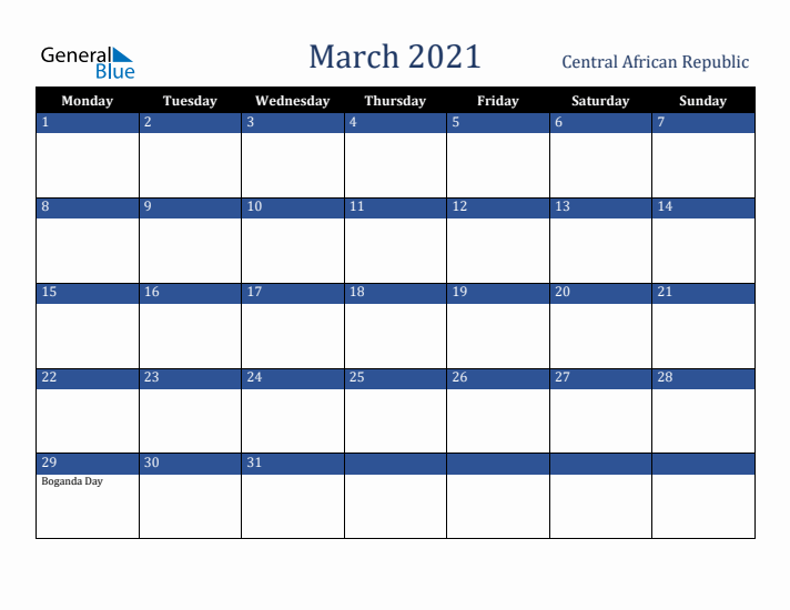 March 2021 Central African Republic Calendar (Monday Start)