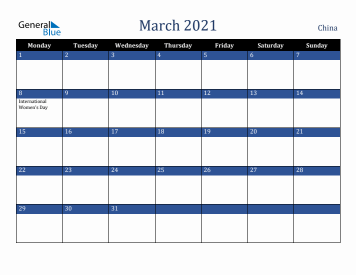 March 2021 China Calendar (Monday Start)