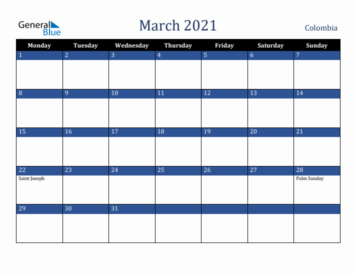 March 2021 Colombia Calendar (Monday Start)