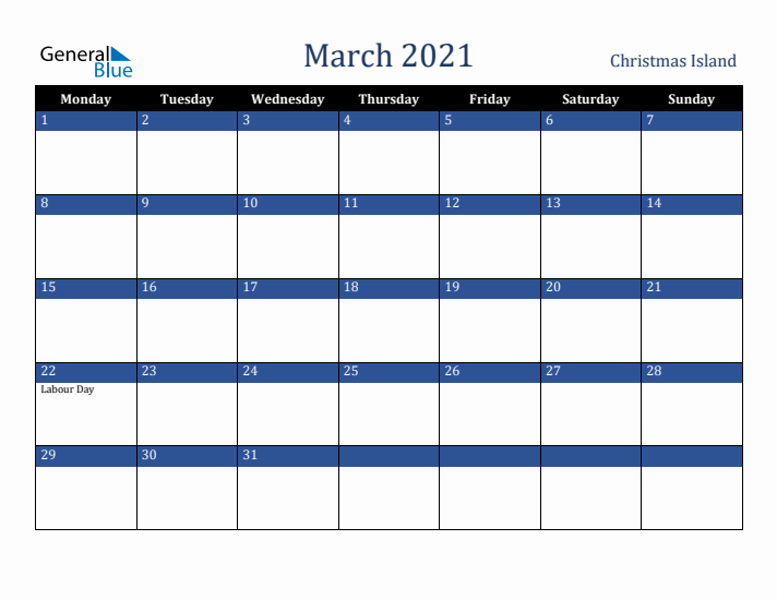 March 2021 Christmas Island Calendar (Monday Start)